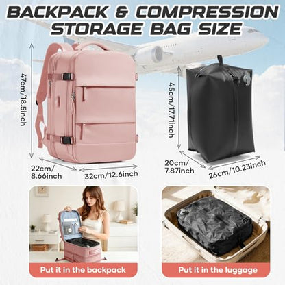 Travel Backpack with Compression Vacuum Storage Bag & Electric Pump, Expandable Flight Approved Carry On Backpack, 18x14x8 inches Personal Item Travel Bag for Men Women, Pink - color: Pink