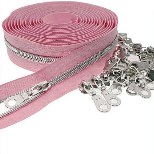 #5 Silver Metallic Nylon Coil Zippers by Yard Bulk Coil Zipper Roll 10 Yards with 25pcs Silver Pull for DIY Sewing Craft Bag(Pink) YIGUANXIN - color: Pink-Silver