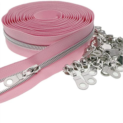 #5 Silver Metallic Nylon Coil Zippers by Yard Bulk Coil Zipper Roll 10 Yards with 25pcs Silver Pull for DIY Sewing Craft Bag(Pink) YIGUANXIN - color: Pink-Silver