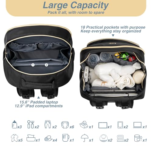 MOMUVO Diaper Bag Backpack, Quilted Baby Bag with Changing Pad & Stroller Straps & Pacifier Case, Large Travel Diaper Bags for Mom Dad, Black - color: Black