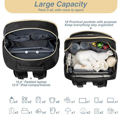 MOMUVO Diaper Bag Backpack, Quilted Baby Bag with Changing Pad & Stroller Straps & Pacifier Case, Large Travel Diaper Bags for Mom Dad, Black - color: Black