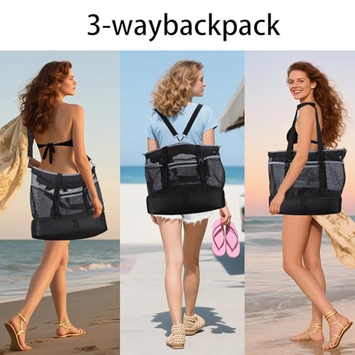 Mesh Beach Bag with Cooler Large Travel Family Vacation Essentials Pool Swimming Zipper Pocket Durable 9 Pockets - color: Black