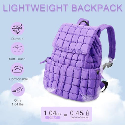 IzuztA Quilted Puffer Backpack for Women, Lightweight Soft Nylon Quilted Hiker Pack Top Flap Drawstring Backpack, Trendy Puffy Padding Gym Travel Bag for Casual Daypack Hiking Sport (Purple) - color: Purple