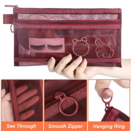 Mesh Cosmetic Bags, 4pcs Nylon Makeup Pouches with Double Zippers for Home Office Purse Diaper Bag (Burgundy) - color: Burgundy