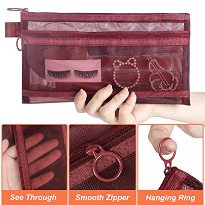Mesh Cosmetic Bags, 4pcs Nylon Makeup Pouches with Double Zippers for Home Office Purse Diaper Bag (Burgundy) - color: Burgundy