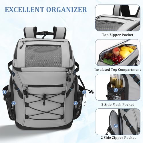 30L Cooler Backpack for Men Women, Leak Proof & Waterproof, Double Decker Insulated Backpack Cooler for Beach Camping Picnic (7.93 Gal, 48 Can) - color: Gray
