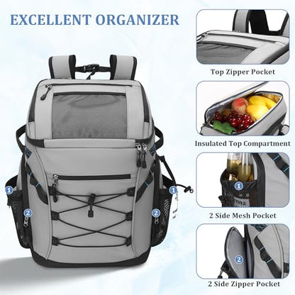 30L Cooler Backpack for Men Women, Leak Proof & Waterproof, Double Decker Insulated Backpack Cooler for Beach Camping Picnic (7.93 Gal, 48 Can) - color: Gray