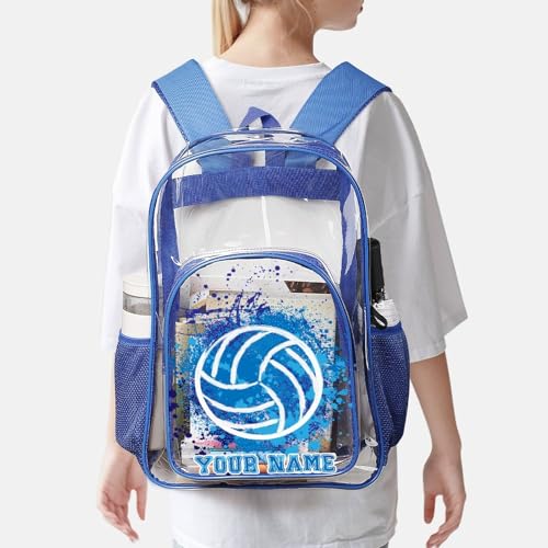 Custom Volleyball Clear Backpack Heavy Duty for Girls Kids Boys | Large Cool PVC Volleyball Theme Printing Transparent Backpacks for Schools Stadium Concerts Work - Clear/Blue - color: Volleyball Clear Backpack 2 Blue With Front Pocket Custom
