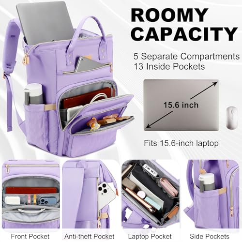 AIJIEKE Lunch Backpack for Women, 15.6 Inch Laptop Backpack with Detachable Insulated Cooler Lunch Box, 2-in-1 Water Resistant Work Computer Bag for Nurse Teacher College Commute, Purple - color: Purple