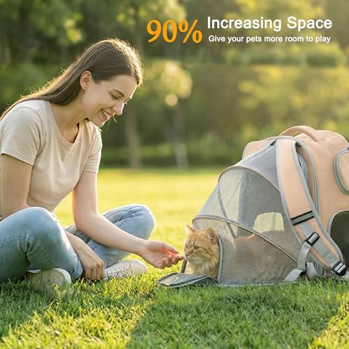 Cat Backpack Carrier Expandable,Pet Travel Backpack for Cats and Small Dogs, 1200D Waterproof Ventilated Mesh with Lockable Zippers, Foldable for Hiking Camping Vet, Up to 18 Lbs(Khaki) - color: Khaki