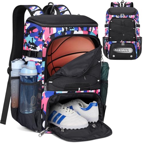 RAINSMORE Basketball Backpack 45L Basketball Bag with Separate Ball Holder & Shoes Compartment Water Resistant Sports Bag Basketball Equipment Bags Fit Volleyball, Soccer, Swim, Gym, Travel - color: Camouflage Pink