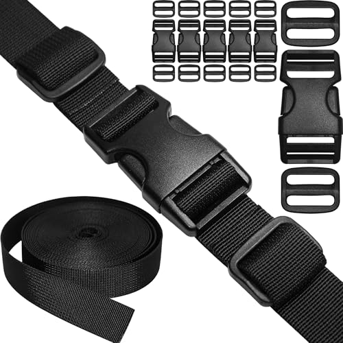 1" Straps and Buckles Set: 6 yard Nylon Webbing 1 inch (25 mm) Wide, 6 pack Side Release Buckle, 12 pcs Tri-Glide Sliders, Plastic Clip Quick Fastener Replacement Heavy Duty Dual Adjustable No Sew - size: 1" x 6 yd Strap + 6 pack Buckles