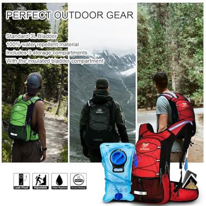 Mothybot Insulated Hydration Backpack Pack with 3L BPA Free Leak Proof Water Bladder, Large Storage Lightweight Hiking Daypack with Waist Pouches & Cooler Layer, for Running, Biking, Camping, Festival - color: Olive