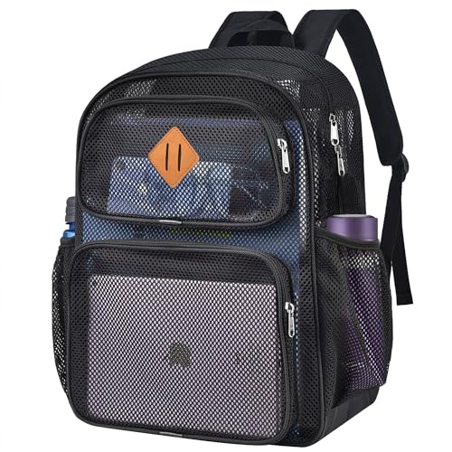 Mesh Backpack for School, Heavy Duty See Through Net Bookbag for Girls Boys Kids, 27L Large Capacity Mesh Bookbag for Beach Work Sports Travel with Padded Strap(Black) - color: Black, size: 27 liters