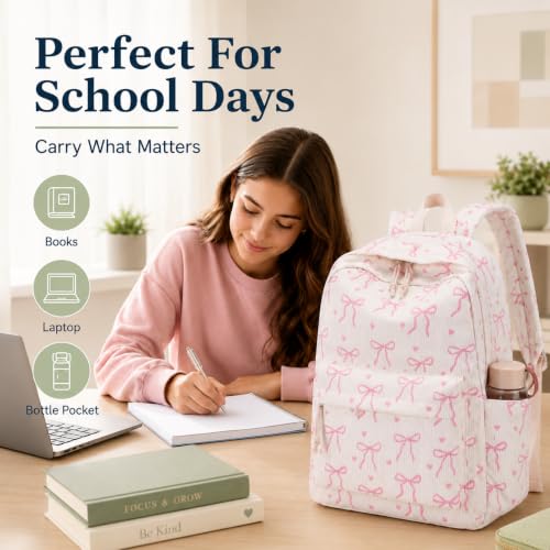 Bluboon School Backpack for Teen Girls Women Laptop Backpack College Bookbags Middle School Travel Work Commuter Back Pack - color: Beige Base Pink Bow & Heart