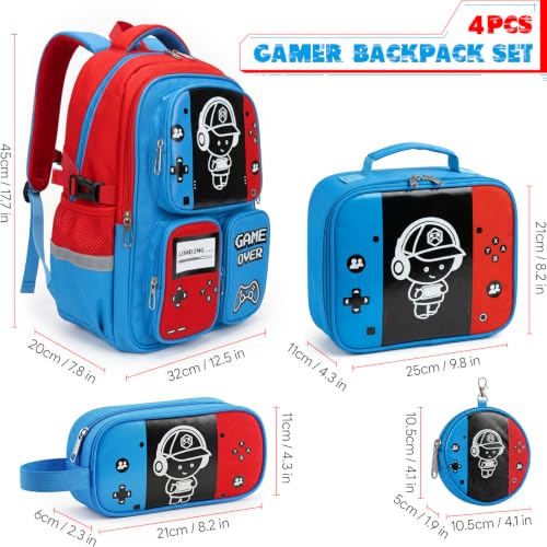 Boys Backpack, Luminous Gamer Backpack for Boys with Lunch Box,Pencil Case and Coin Puese,Kids Schoolbag Bookbag for Teen Boy Elementary Middle High School Travel(Red-Blue) - color: Red-blue