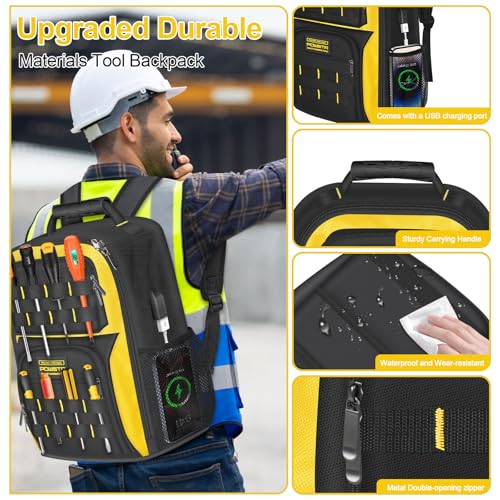 18Inch Electrician Tool Backpack with USB Port,Waterproof HVAC Tool Bag Backpack for Men,Heavy Duty Technician Backpack with 23 Pockets and S-shaped Shoulder Straps,Black & Yellow