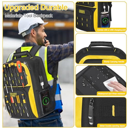 18Inch Electrician Tool Backpack with USB Port,Waterproof HVAC Tool Bag Backpack for Men,Heavy Duty Technician Backpack with 23 Pockets and S-shaped Shoulder Straps,Black & Yellow