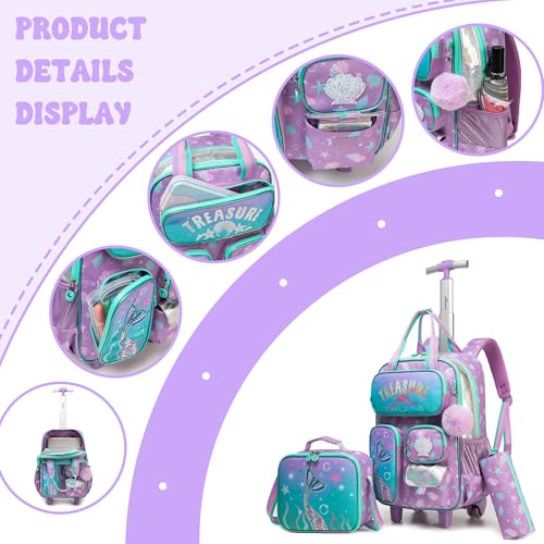 Mermaid Rolling Backpack with Wheels for Girls School Rolling Backpack Kids Travel Luggage for Girls Ages 5-12 - color: A Blue Mermaid