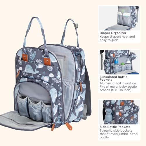 BabbleRoo Diaper Bag Backpack - Baby Essentials Travel Tote - Multi Function Water Resistant Diaper Bag, Travel Essentials Baby Bag with Changing Pad, Stroller Straps & Pacifier Case - Sea Animals - color: Sea Animals, size: Large