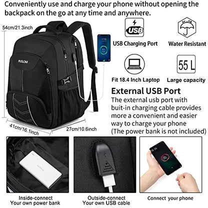 Extra Large Backpack for Men 55L,18.4Inch Travel Laptop Backpack with USB Charging Port Business Flight Approved Carry On Backpack,TSA Big Capacity Heavy Duty Computer Bag College Bookbag,Black - color: Black