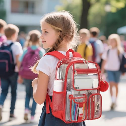 Clear Backpacks for Girls Women, Heavy Duty PVC Transparent School Bookbag See Through Back Pack for College Work Travel (Red) - color: Red
