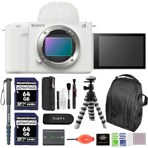 Sony ZV-E1 Mirrorless Camera (White) Bundle with Backpack, Monopod, Tripod, 2 x 64GB SD Card, & More - style: Plus