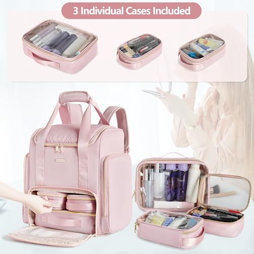 Large Makeup Backpack with 3 Clear Makeup Bags, Double Layers Professional Makeup Travel Case with Brushes Storage Section for Makeup Artists - color: Pink