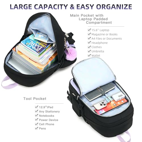 Backpack for Girls with Accessories Laptop Bookbags 16 Inch Kawaii Kids Elementary Middle High School Bag College Travel Daypack Gifts for Teens Women Students (Black Purple) - color: Black Purple