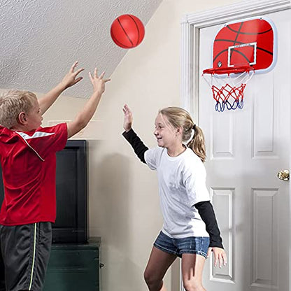 Mini Basketball Hoop Set for Kids Adults, Indoor Play Wall Mount Basketball Hoop for Door with 4 Small Replacement Toddler Basketballs, ABS Backboard Metal Rim Goal Sport Gifts for Pool Game Fun - style: Red + Rainbow Rubber Basketballs