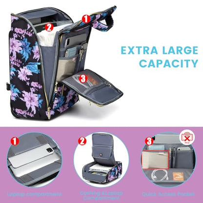 Rolling Backpack Waterproof Commuter Backpack with Wheels for Business, Laptop Compartment for 15.6-Inch Laptop, Wheeled Carry-On Bag for Adults - color: Flower