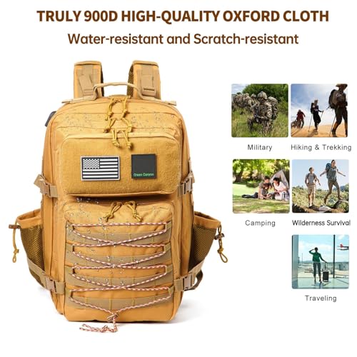 Green Canyon 45L 900D Tactical Backpack Water Resistant Military Assault Molle Backpack for Men Women Hiking Rucksack 3 Day Bug Out Bag, Khaki