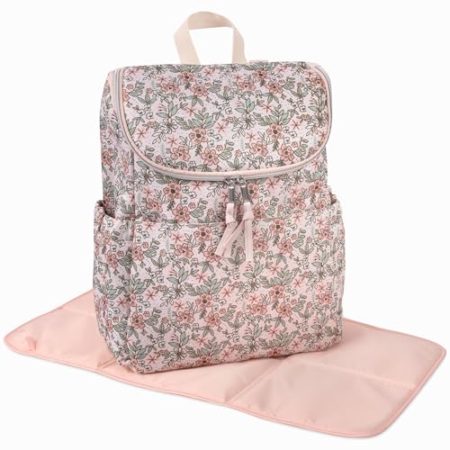 Multi-Function Floral Diaper Backpack and Travel Nappy Baby Bag with Changing Pad and Stroller Straps (Freshly Floral) - color: Freshly Floral