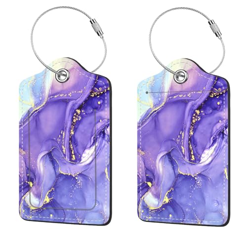 2 Pcs Luggage Tags for Suitcase, Cute Unique PU Leather Travel Bag Tag with Privacy Cover ID Label Address Card and Durable Metal Ring Suitable for Men Women Children Backpack,Purple Marble - color: Purple Marble