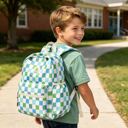 STEAMEDBUN Kids Backpack for Boys Girls 5-8, 15inch Girls Boys Backpacks Kindergarten - color: Green Checkerboard, size: SMALL-15"H(fit folder)