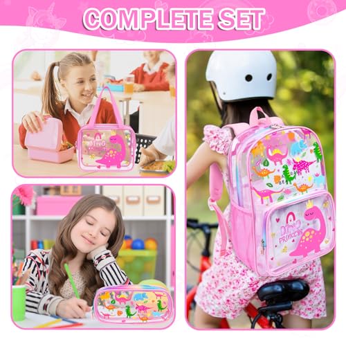 SHPMXUPW 3PCS Clear Pink School Backpack for Kids - Dinosaur Backpack for Girls 4-8, Heavy Duty Transparent Pink Bookbag with Lunch Bag and Pencil Case - See Through PVC Transparent Bookbag - color: Pink-Dinosaur
