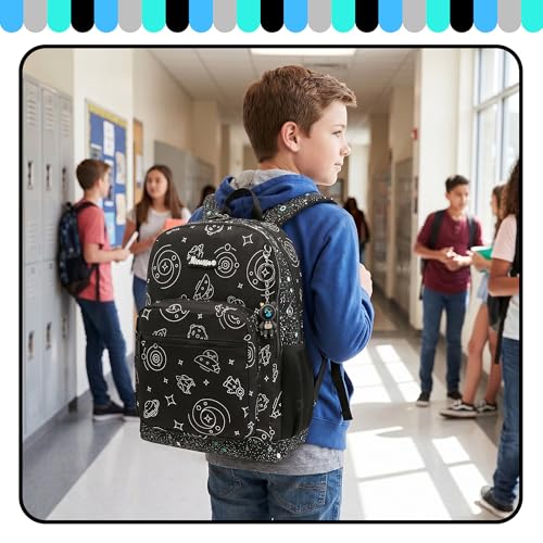 Boys Backpack for Kids 8-12 Years Old Boys Backpack for School Lightweight Kids School Bookbag with Lunch Box Set Back to School Supplies for Elementary Toddler Student - color: Black Planet