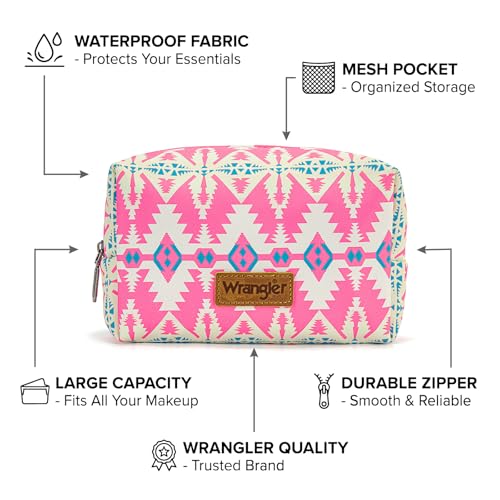 Montana West X Wrangler Travel Makeup Bag Waterproof Cosmetic Bag Portable Makeup Pouch for Women Large Toiletry Bag - color: Pink