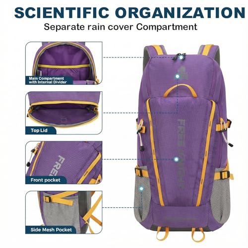 Bseash 45L Waterproof Hiking Camping Backpack with Rain Cover, Outdoor Sport Travel Bag Daypack for Climbing Skiing Cycling (Purple) - color: Purple