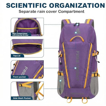 Bseash 45L Waterproof Hiking Camping Backpack with Rain Cover, Outdoor Sport Travel Bag Daypack for Climbing Skiing Cycling (Purple) - color: Purple
