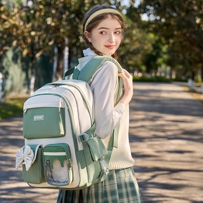 School Backpack for Girls 3PCS Nylon Kids Backpack Set with Lunch Box & Pencil Pouch, Cute Lightweight Teen Girls School Bag Laptop Bag Travel Daypack for Elementary Middle High School Beige Green - color: Green