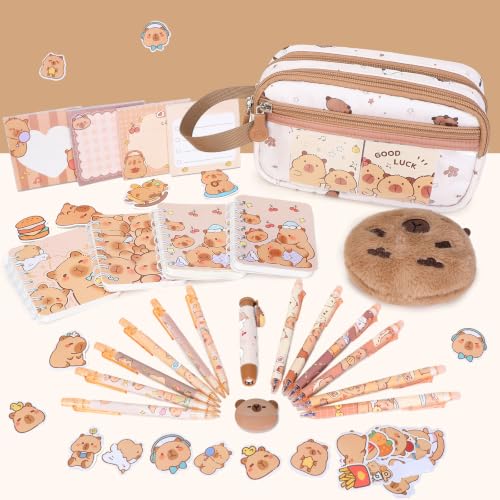 Capybara Theme Backpack for School Girls, 35PCS Kids Backpack Set with School Supplies Stationery Kit Lunch Box Pencil Case, Cute Girls Bookbag for Kindergarten Elementary Student - color: Beige
