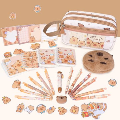 Capybara Theme Backpack for School Girls, 35PCS Kids Backpack Set with School Supplies Stationery Kit Lunch Box Pencil Case, Cute Girls Bookbag for Kindergarten Elementary Student - color: Beige