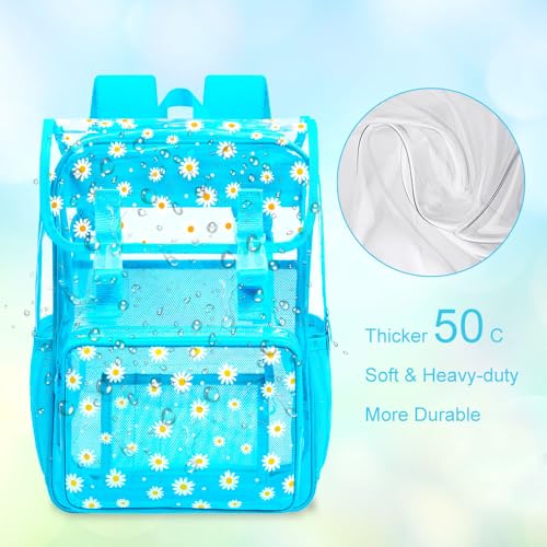 3Pcs Clear Backpack for Girls, School Kids Transparent Bookbag Set, 17" Daisy Stadium Approved See Through Backpack with Lunch Box (Blue) - color: Blue Daisy01
