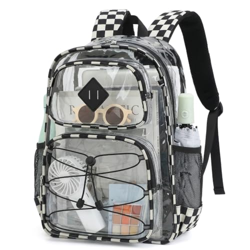 Clear Backpacks for Girls Women, Heavy Duty PVC Transparent Back Pack See Through Boys Kids Clear Bookbags for School - Checkered Black White - color: Checkered Black White