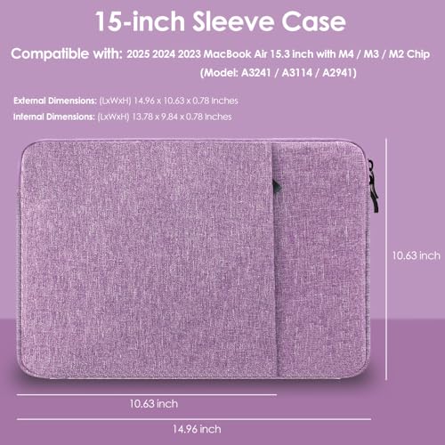 ProElife 15-Inch Laptop Sleeve Case for 2025-2023 MacBook Air 15 inch with M4 M3 M2 Accessory Traveling Carrying Case Water-Resistant Bag Cover for MacBook Air 15'' 2025 2024 2023 M4 M3 M2 (Purple) - color: Purple