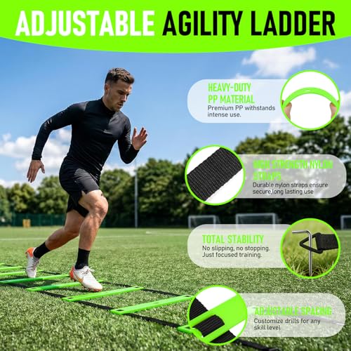 Agility Ladder,Soccer Training Equipment Set,20ft Speed Ladder,4 Agility Hurdles,Football Basketball Training Equipment,Football Accessories for Kids Youth Adults | Footwork, Speed & Agility Training - color: Green