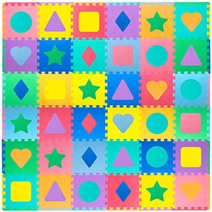 ProSource Kids Foam Puzzle Floor Play Mat with Shapes & Colors 36 Tiles, 12"x12" and 24 Borders - style: Shapes & Colors