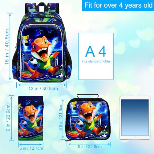 16" Dinosaur Soccer Backpack Set for Boys 4-8, 3Pcs Preschool Bookbag with Football Lunch Box & Pencil Case, Lightweight School Bag (Blue) - color: Soccer Dinosaur Blue