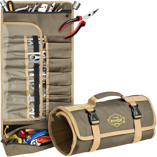 The Ryker Wrench Roll Up Bag Heavy-Duty Canvas Tool Organizer w/Clear PVC Wrench Cover, Heavy Duty Roll Up Tool Bag w/Multiple Pockets for Wrenches, Sockets, and Tools for Mechanics Gifts for Him - style: Wrench Roll Prtct